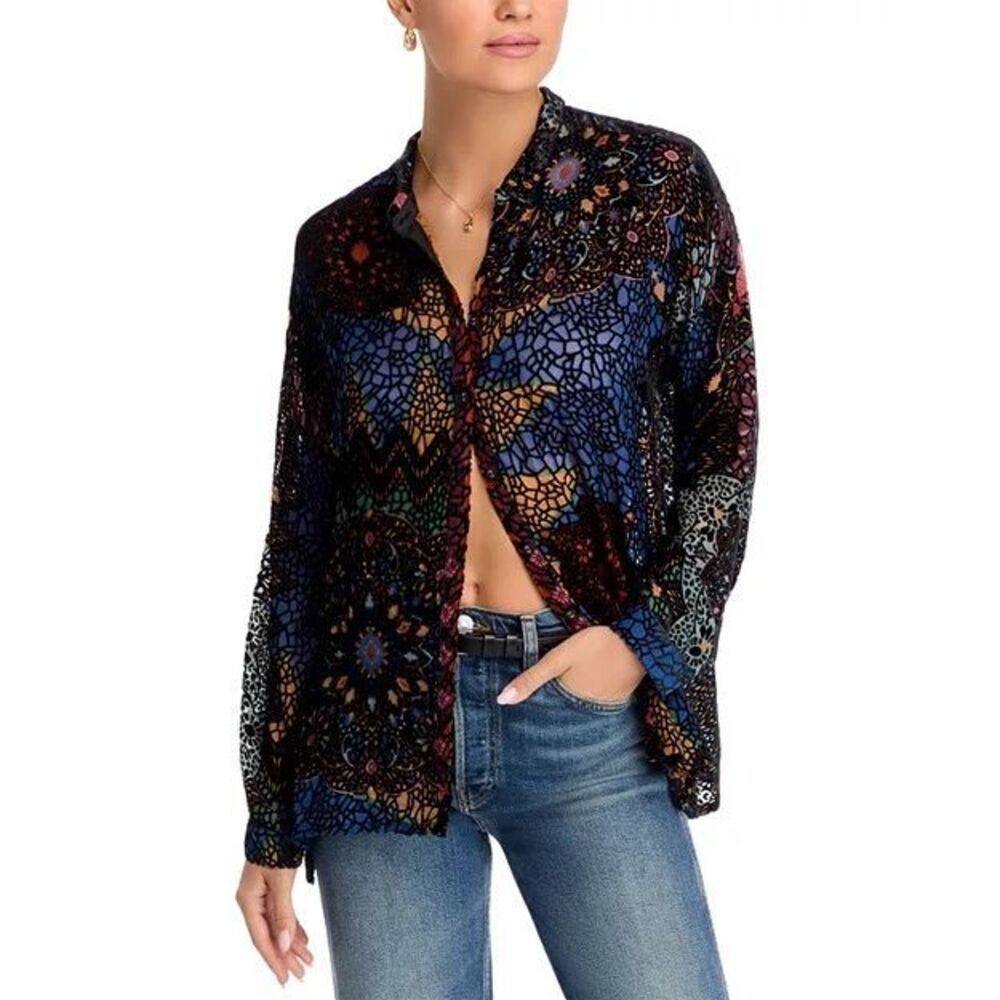 Johnny Was Audrey Oversized Velvet Burnout Shirt in Nava Burnout Size S